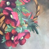 Still life painting with a basket of flowers from the 70s