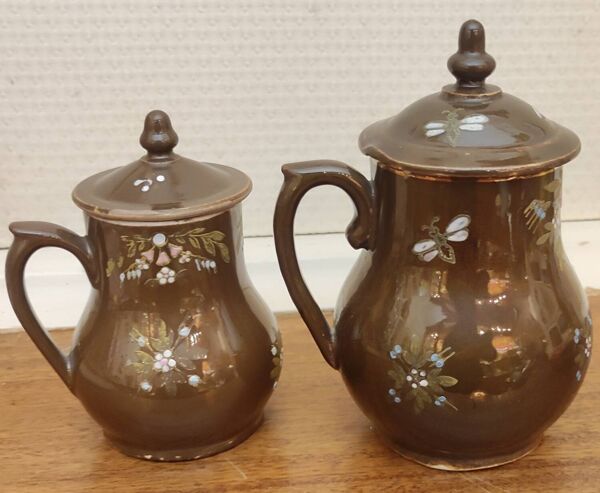 2 Anciens Petits Pots Crème Céramique Vernissée/Décor Émaillé