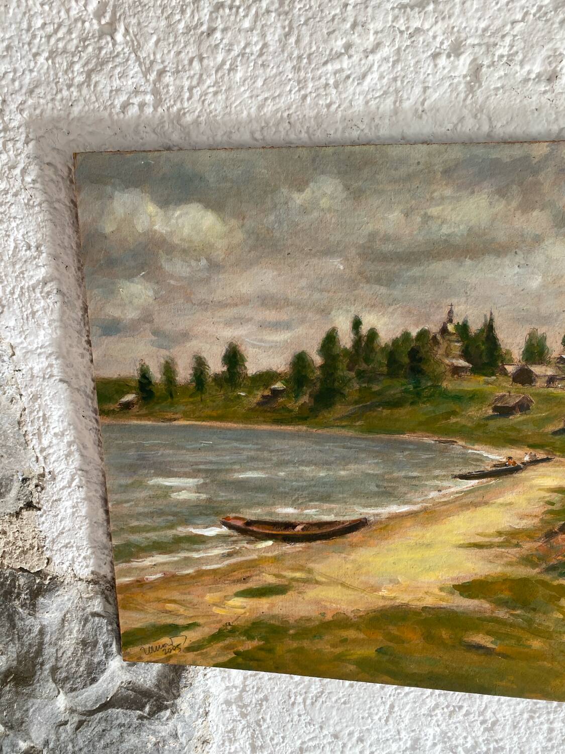 Gouache on panel “village by the water”