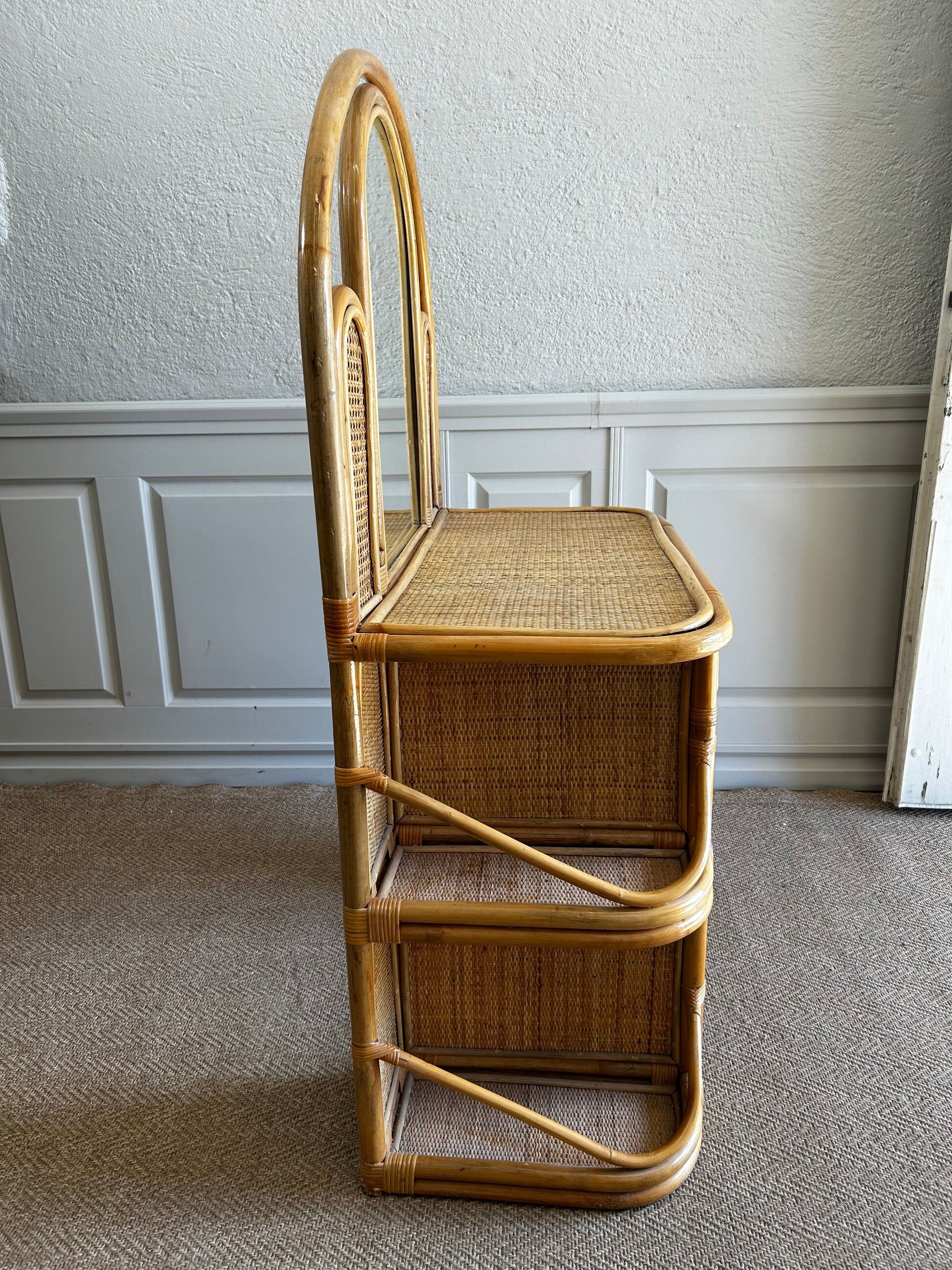 Bamboo and rattan vanity / dressing table with drawer and mirror, 1970s mid-century modern