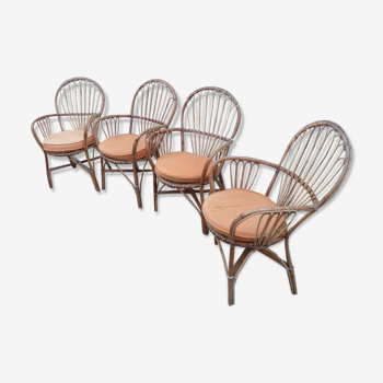 Suite de 4 fauteuils en bambou bois courbé