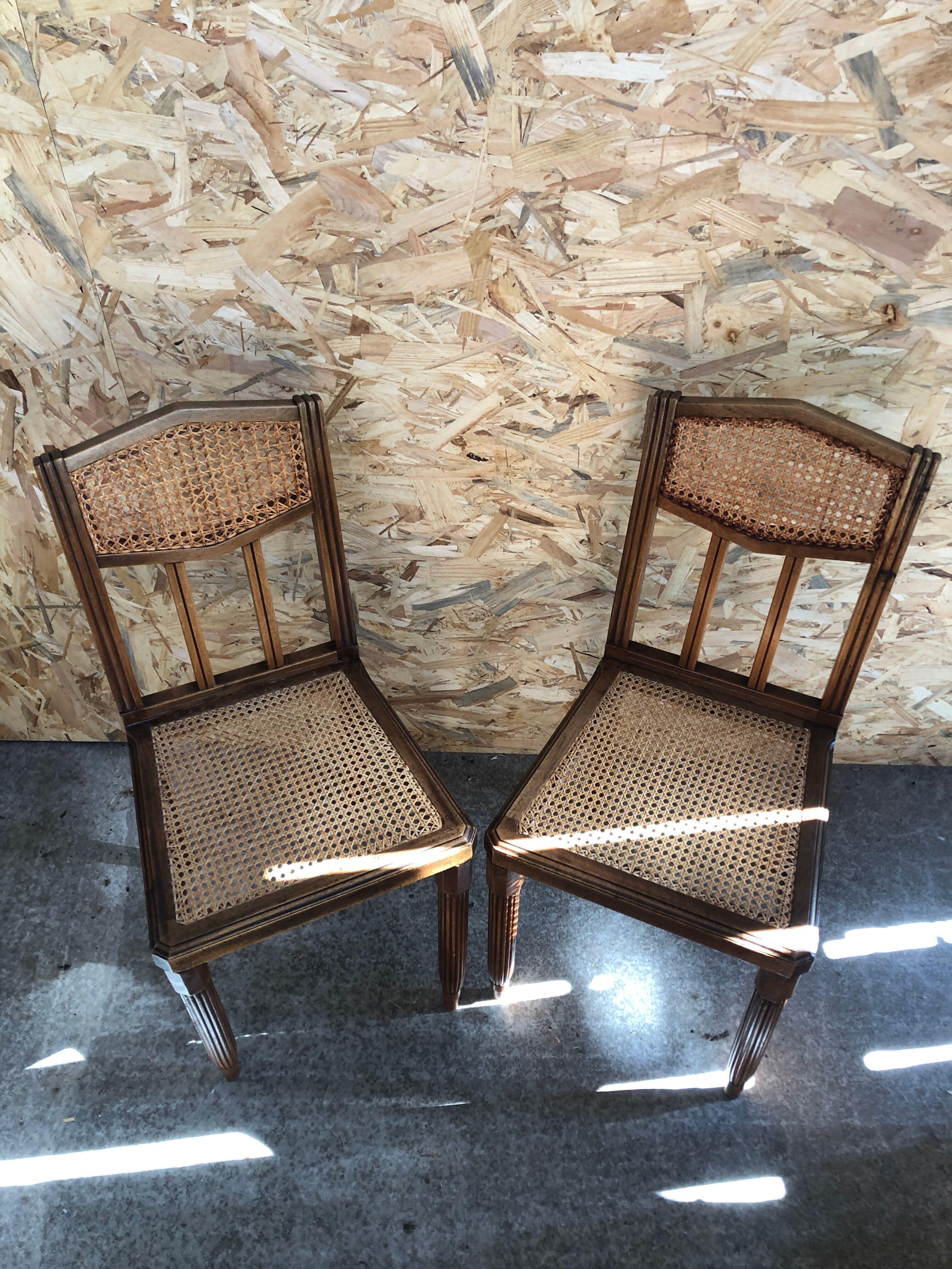 Pair old chair style louis xvi wood + seat & back cannée vintage