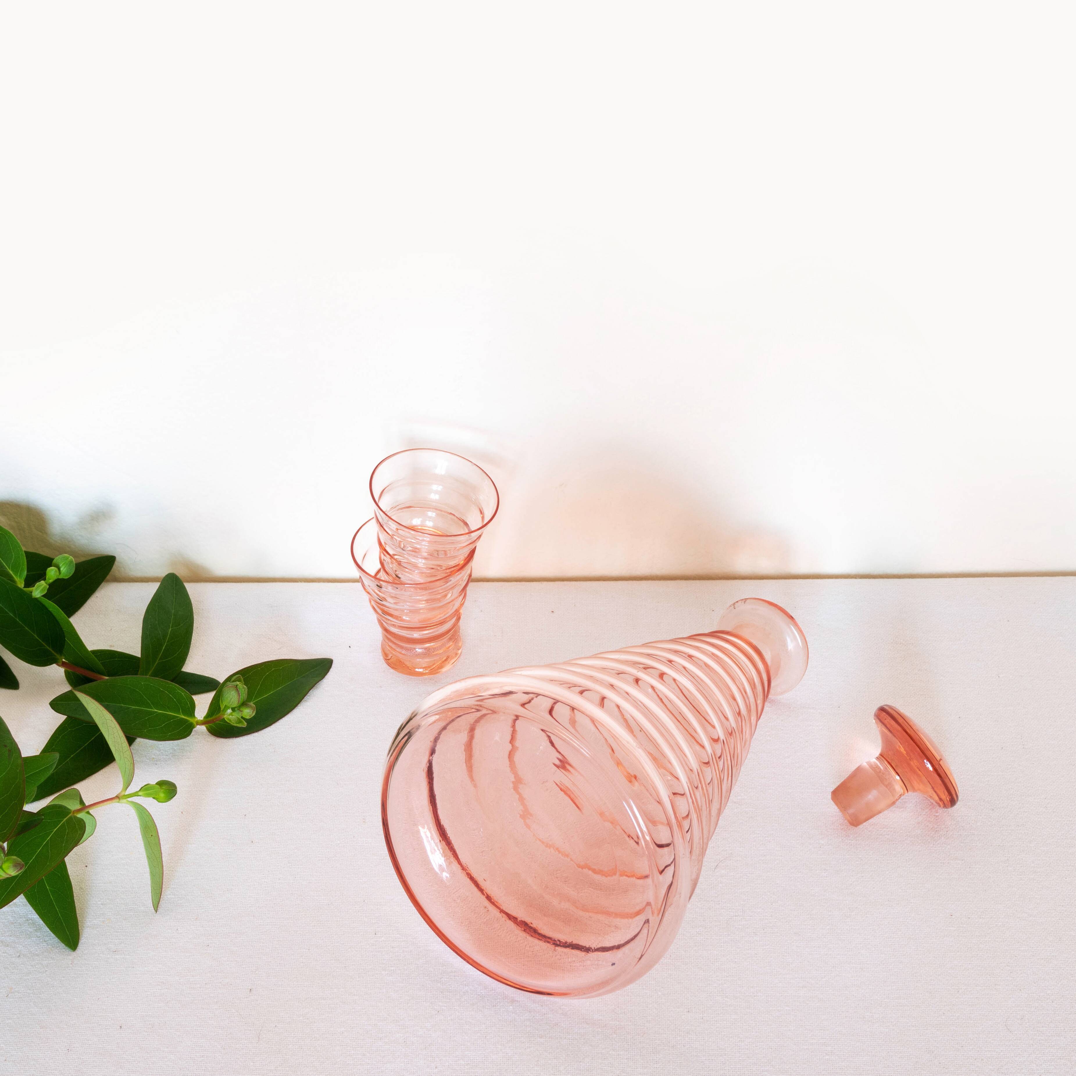 Old pink glass liqueur carafe and 2 glasses
