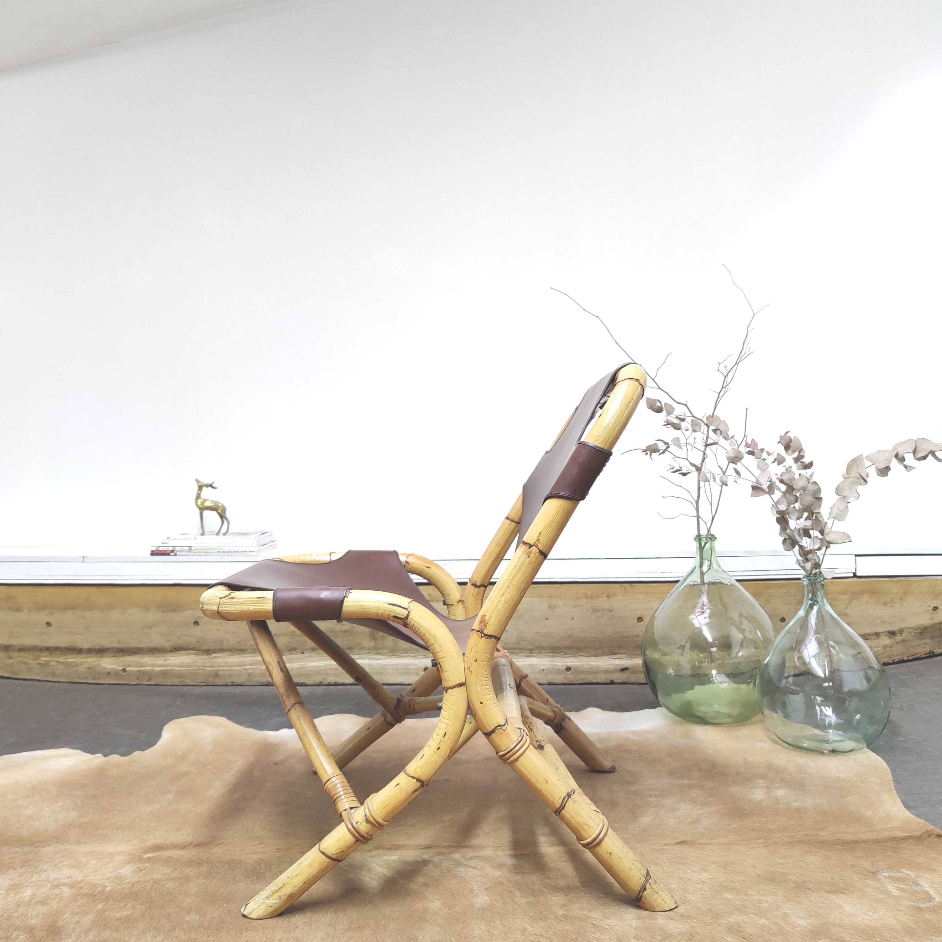 Vintage armchair bamboo rattan and leather