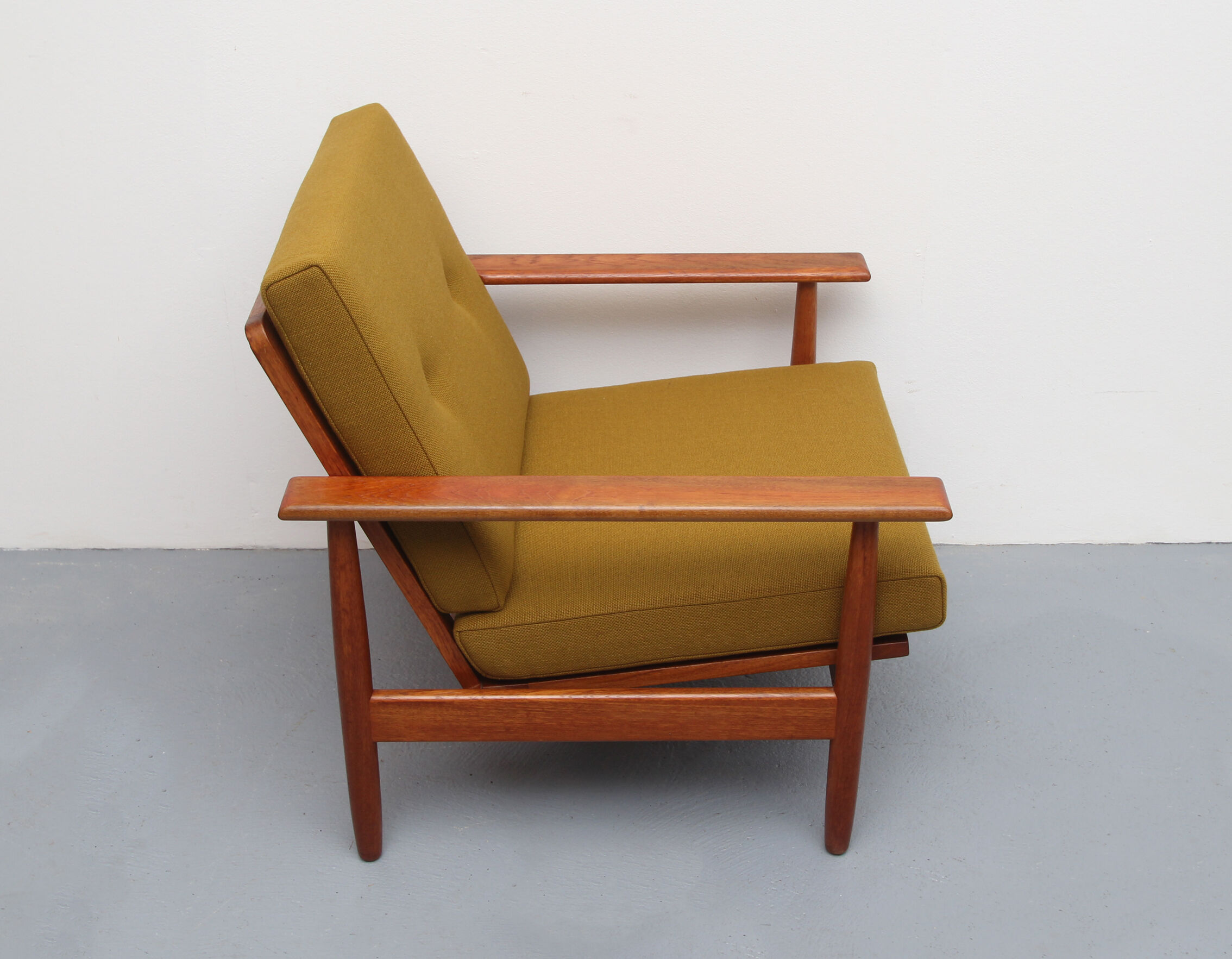 1960s armchair in teak, fabric mustard yellow