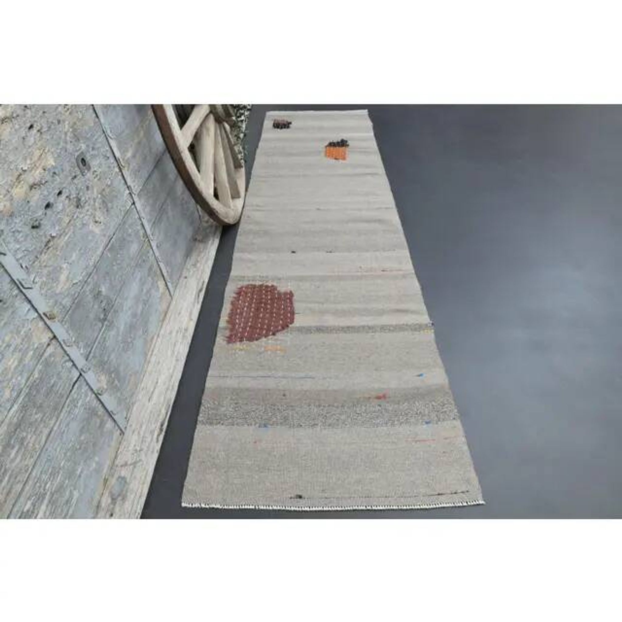 1970s Vintage Turkish Oushak Handmade Wool Cotton Gray Runner Rug 86x332