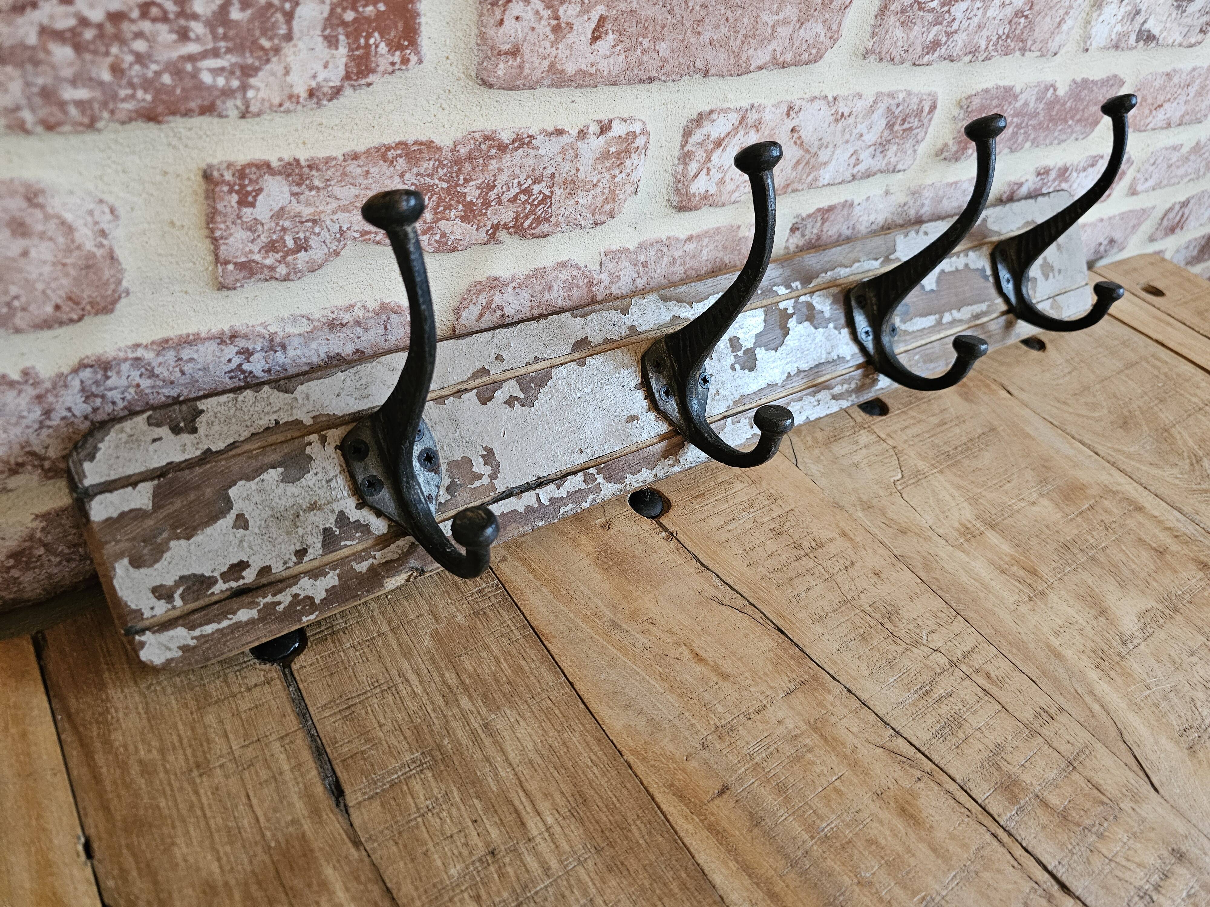 Solid teak coat hook with 4 double cast iron hooks