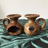 Duo of brown stoneware tealight holders with handle