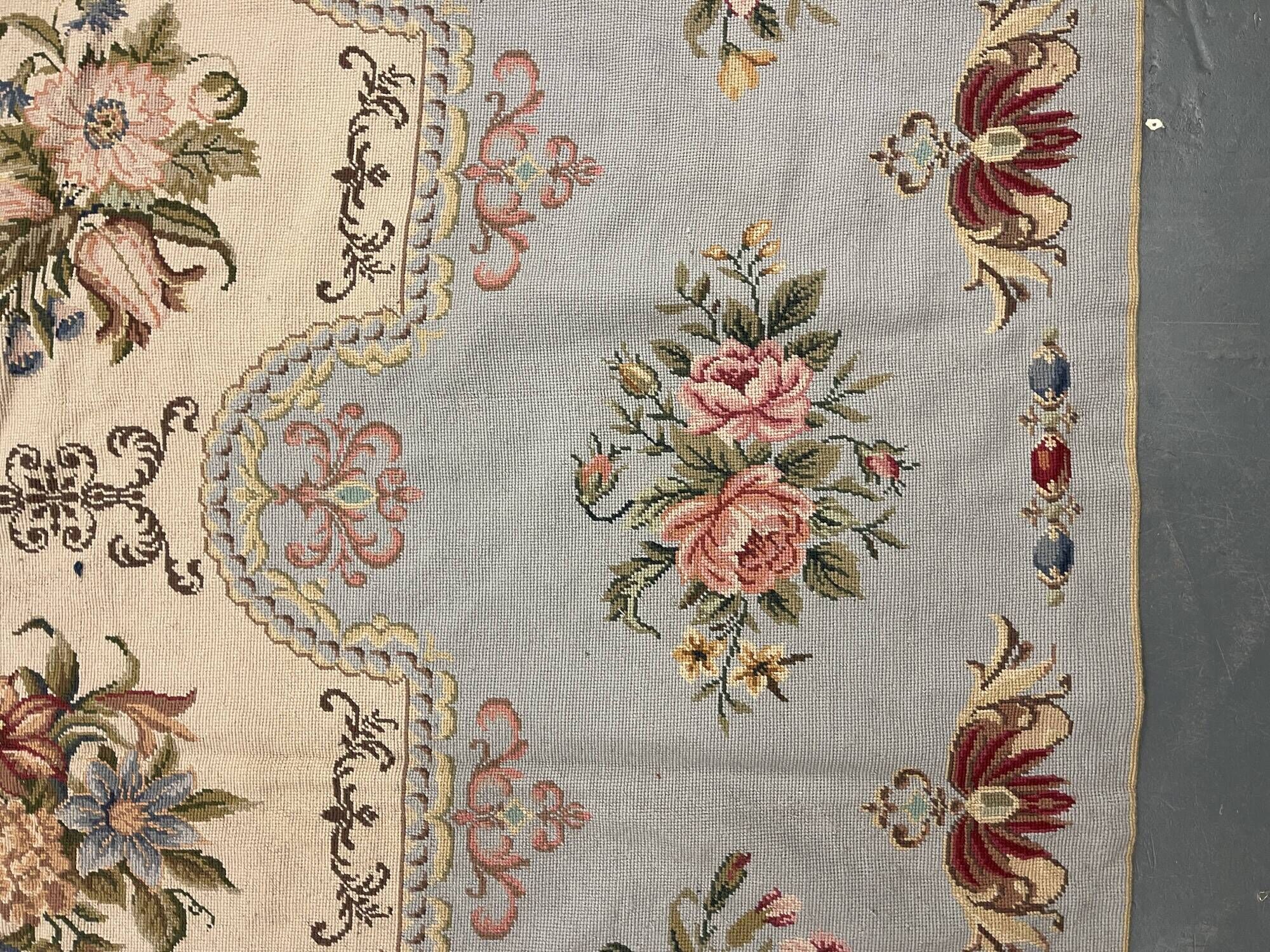Very Large Aubusson Style Needlepoint Rug 360x470 cm Blue Floral Flatweave Wool