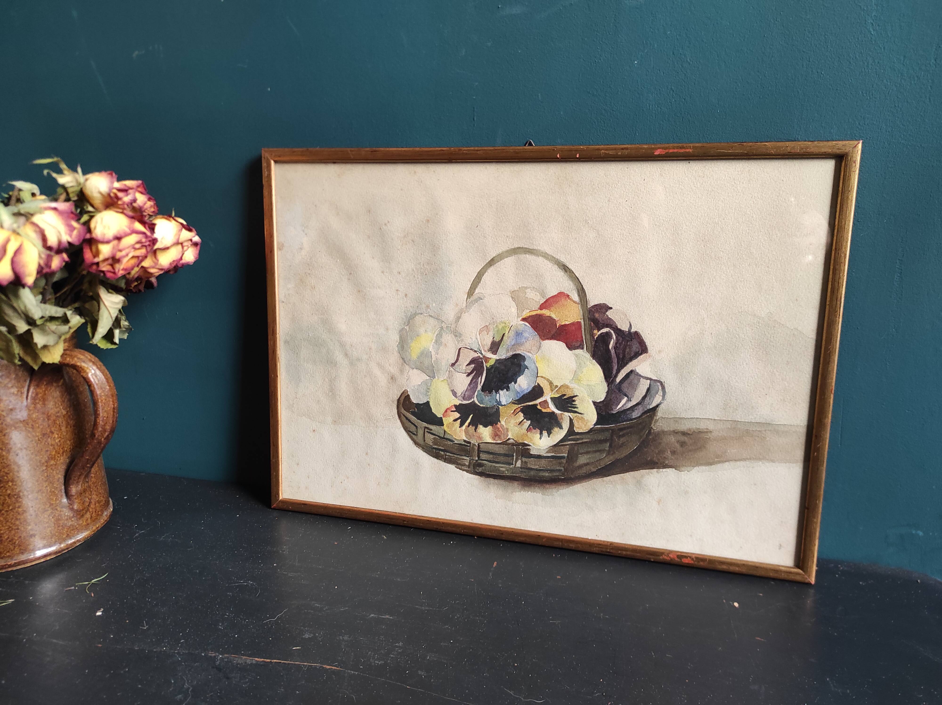Vintage French watercolour with a basket  full of pansies