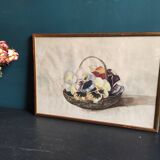 Aquarelle française ancienne avec un panier rempli de pensées