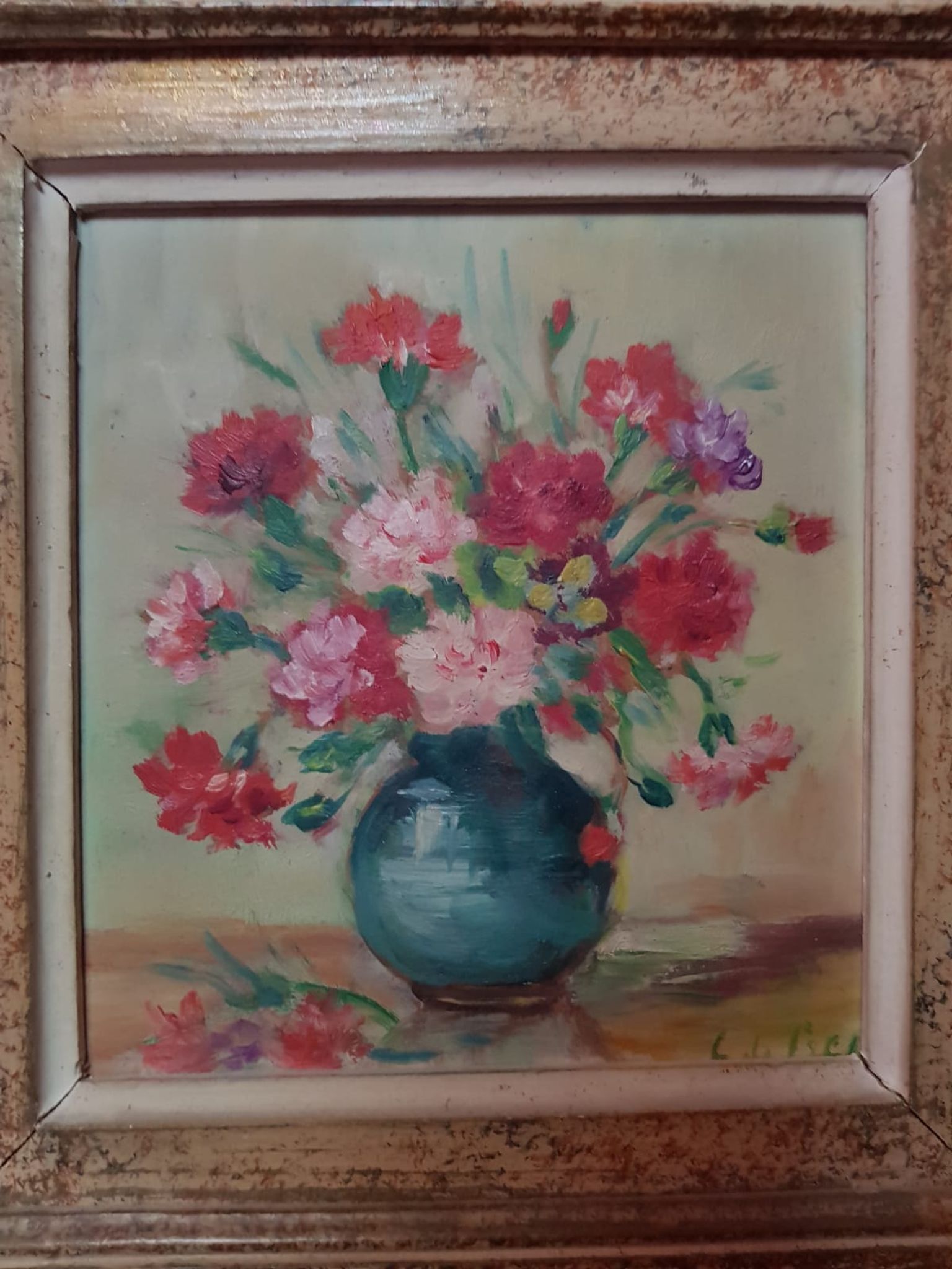 Pair old table c. de fred flower bouquet oil on vintage panel