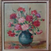 Pair old table c. de fred flower bouquet oil on vintage panel