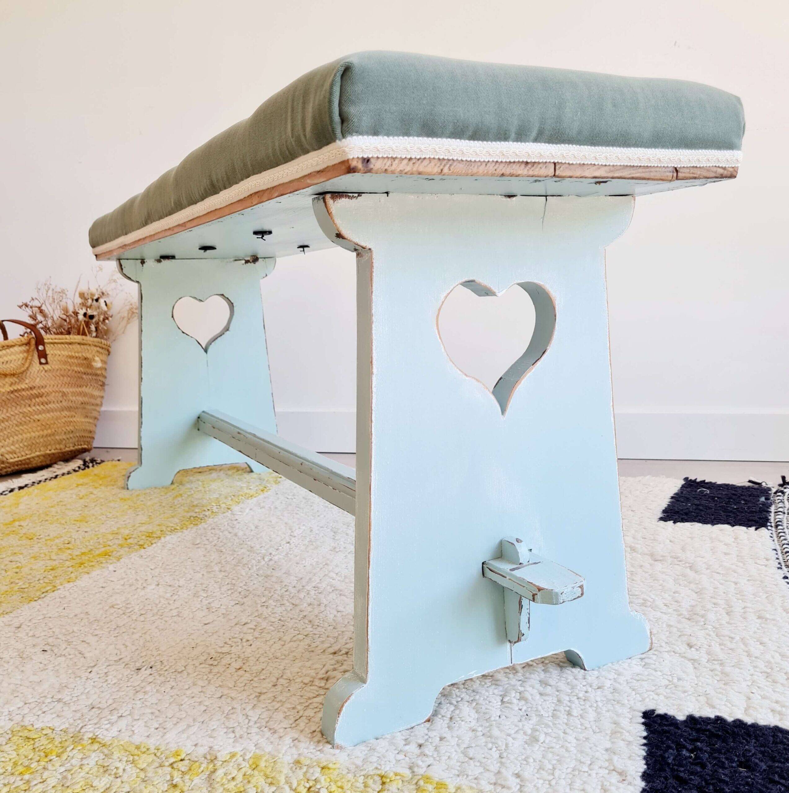 Antique blue velvet wooden bench - heart-shaped bench
