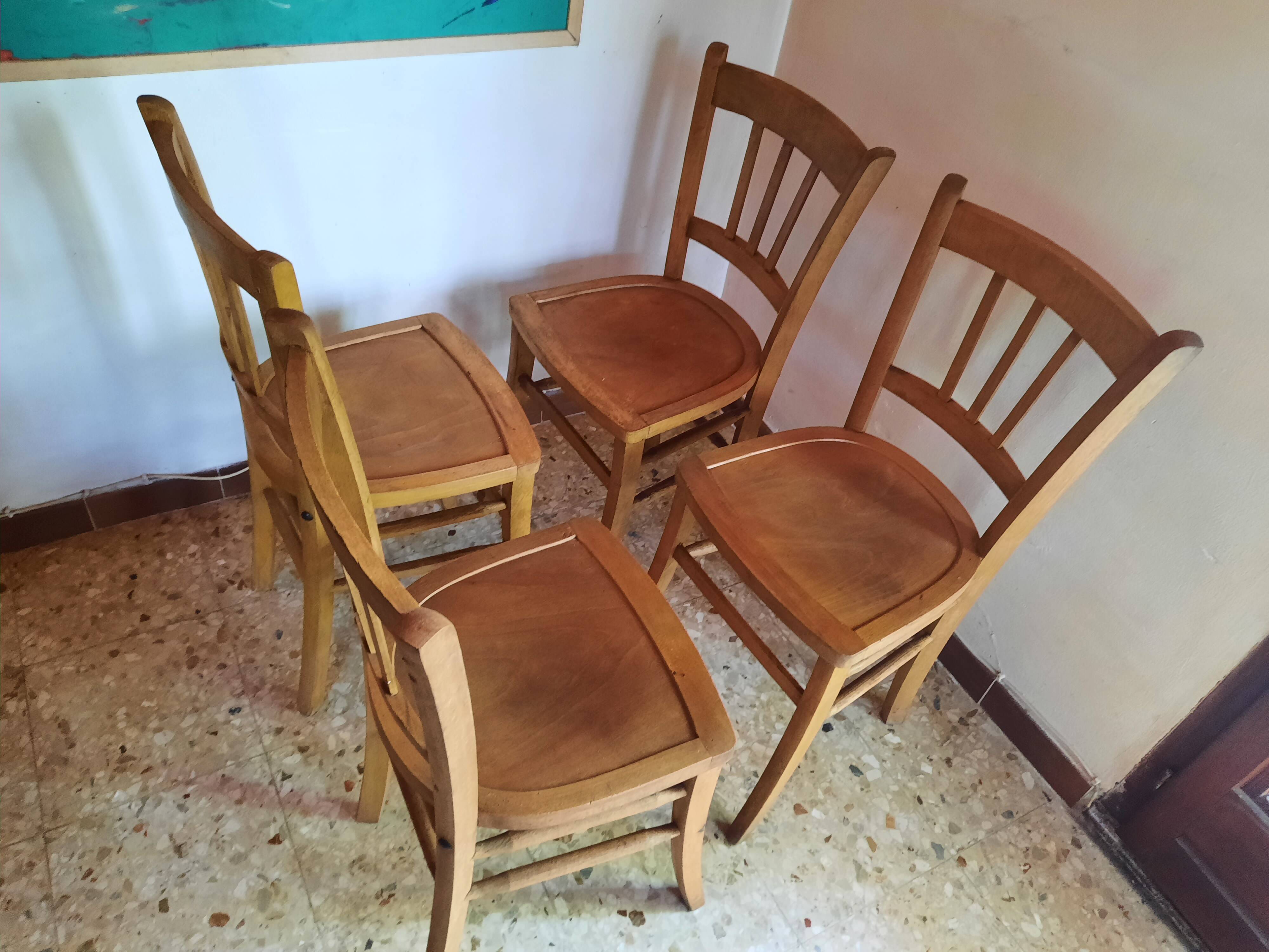 Set de 4 chaises de bistrot bois clair années 50-60