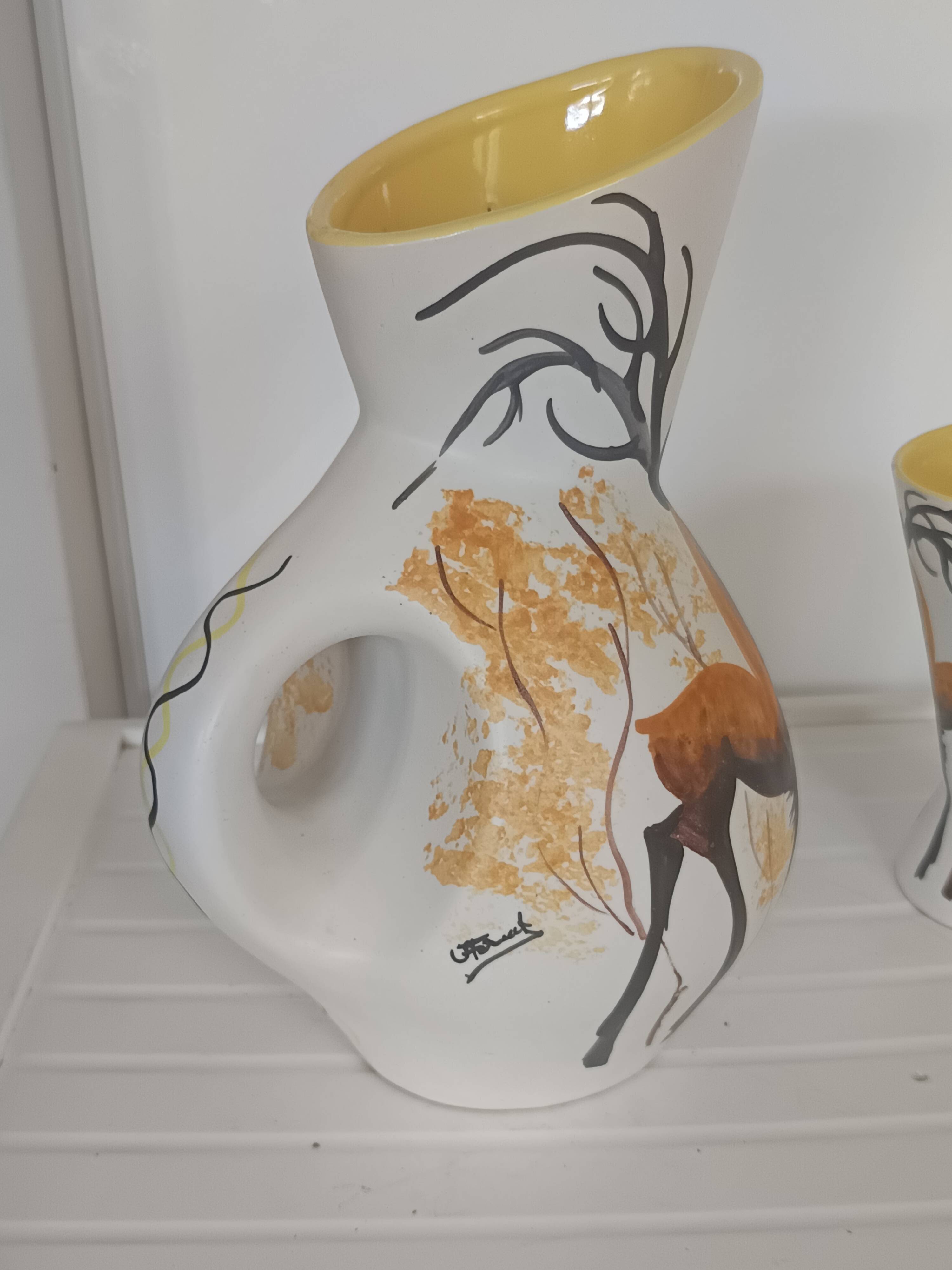 Pichet and glass Vallauris – Jacques Fonck – deer decoration
