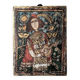 Peinture sur bois antique panneau artisanal ancien