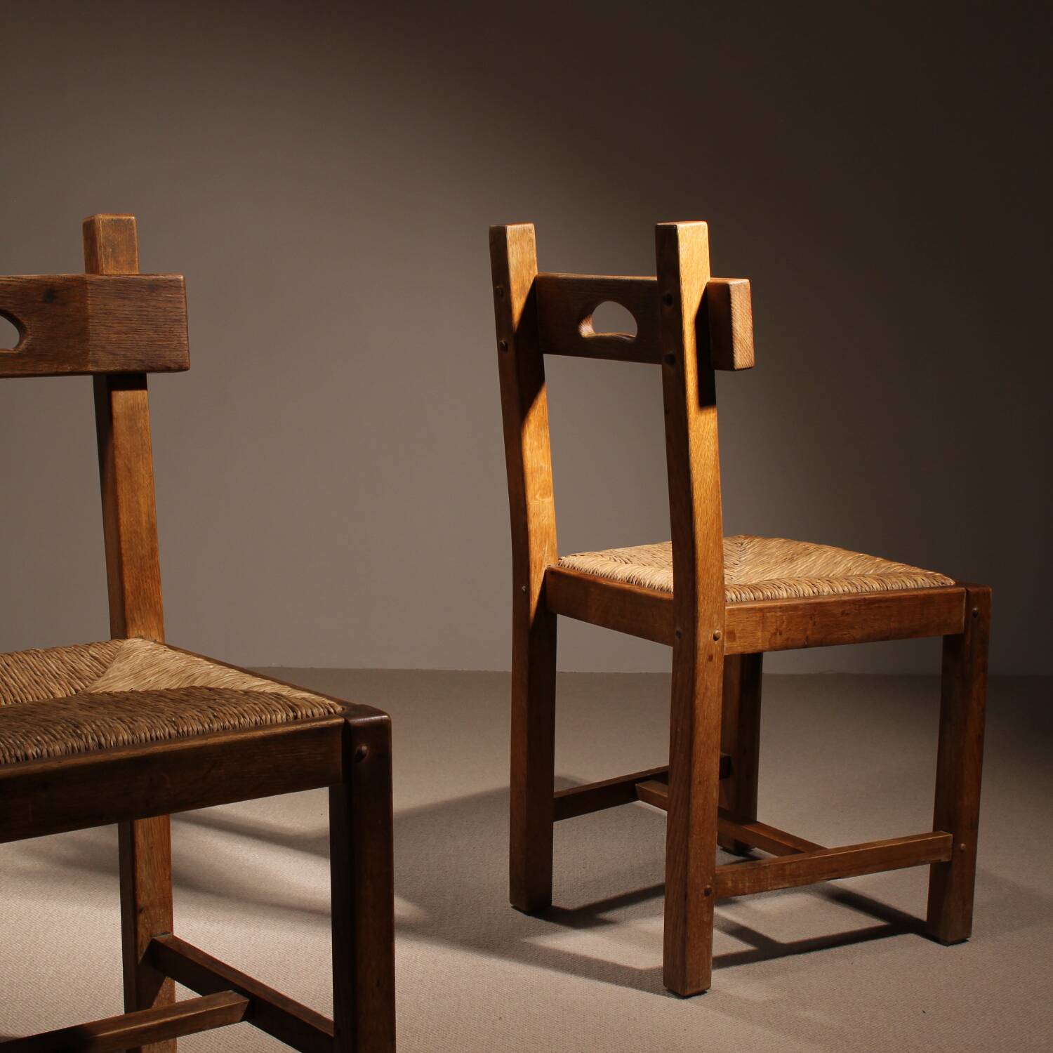 Brutalist Pair of Oak & Rush Chairs | Europe 1960s