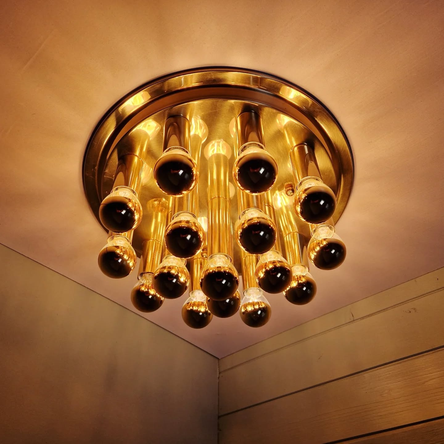 Large circular brass ceiling light, Space Age design, 1970s.
