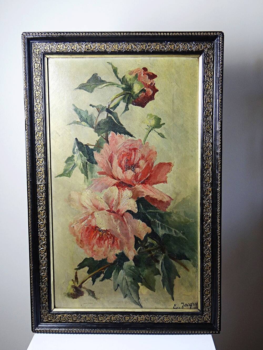 Large antique painting of peonies, signed E. Jacque, late 19th to early 20th century.