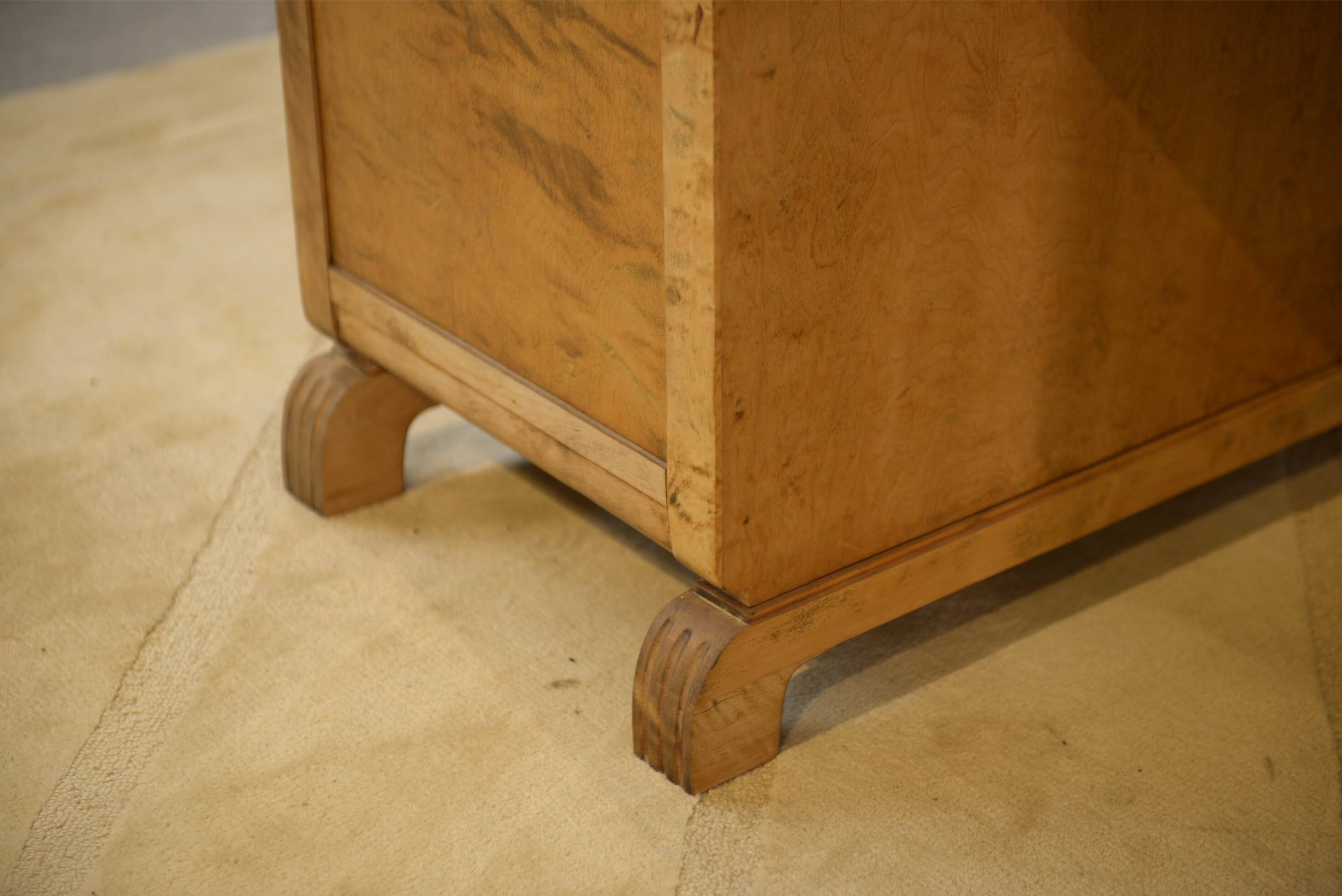 English desk in birch veneer with bee pattern marquetry from the 1950s.