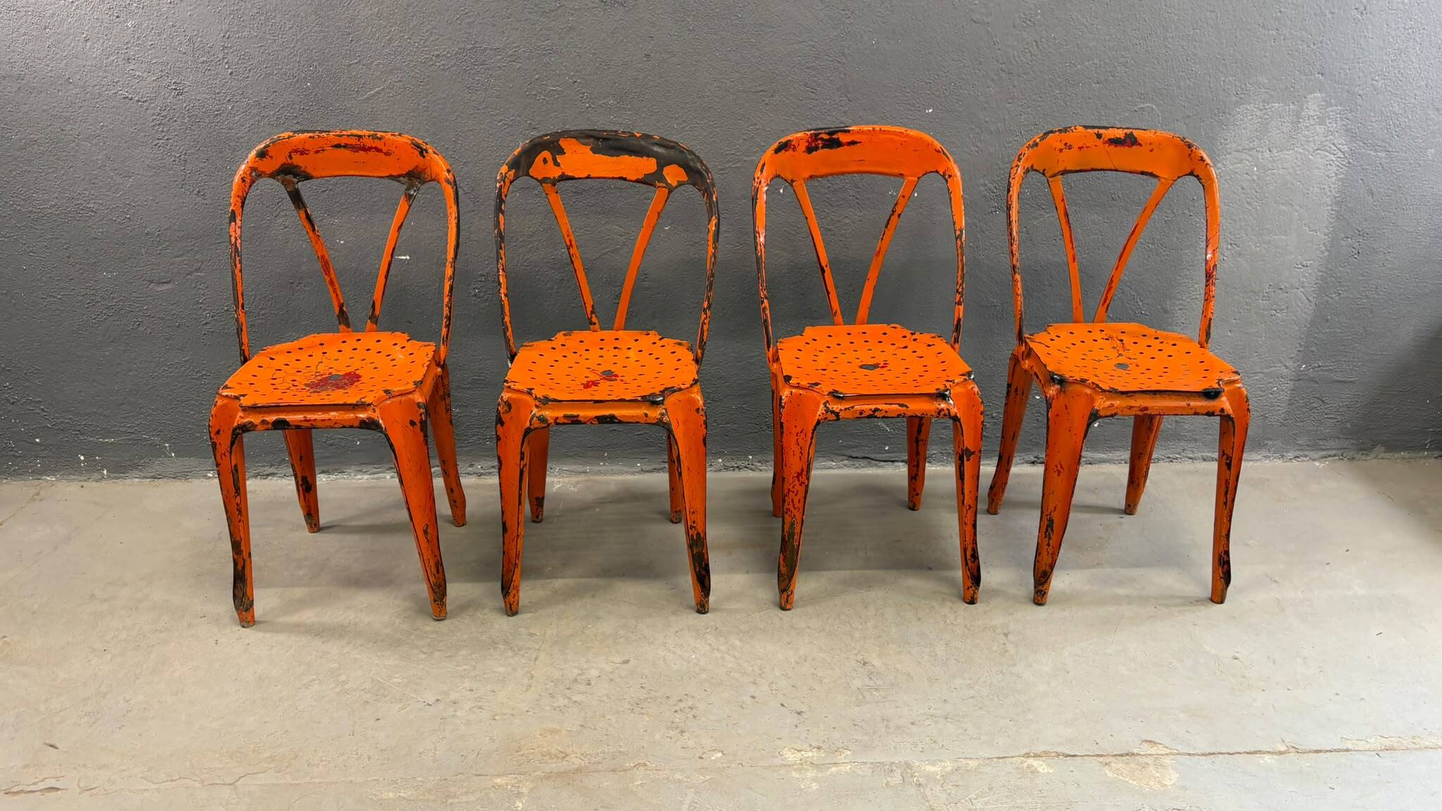 Set of four industrial metal dining chairs by Joseph Mathieu, painted steel, 1920s, France