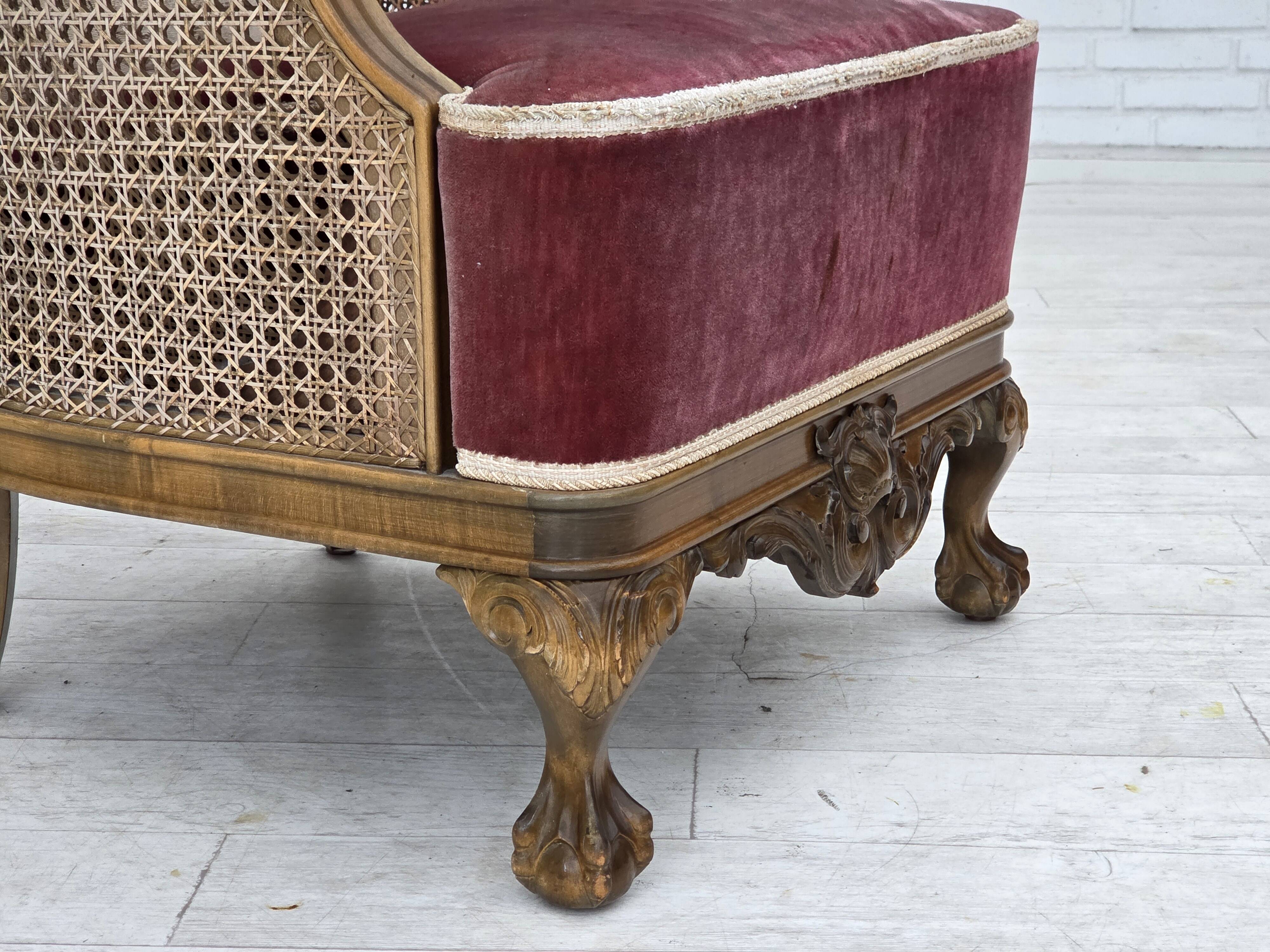 1940s, Danish armchair, woven wool, velour, mesh, carved oak wood.