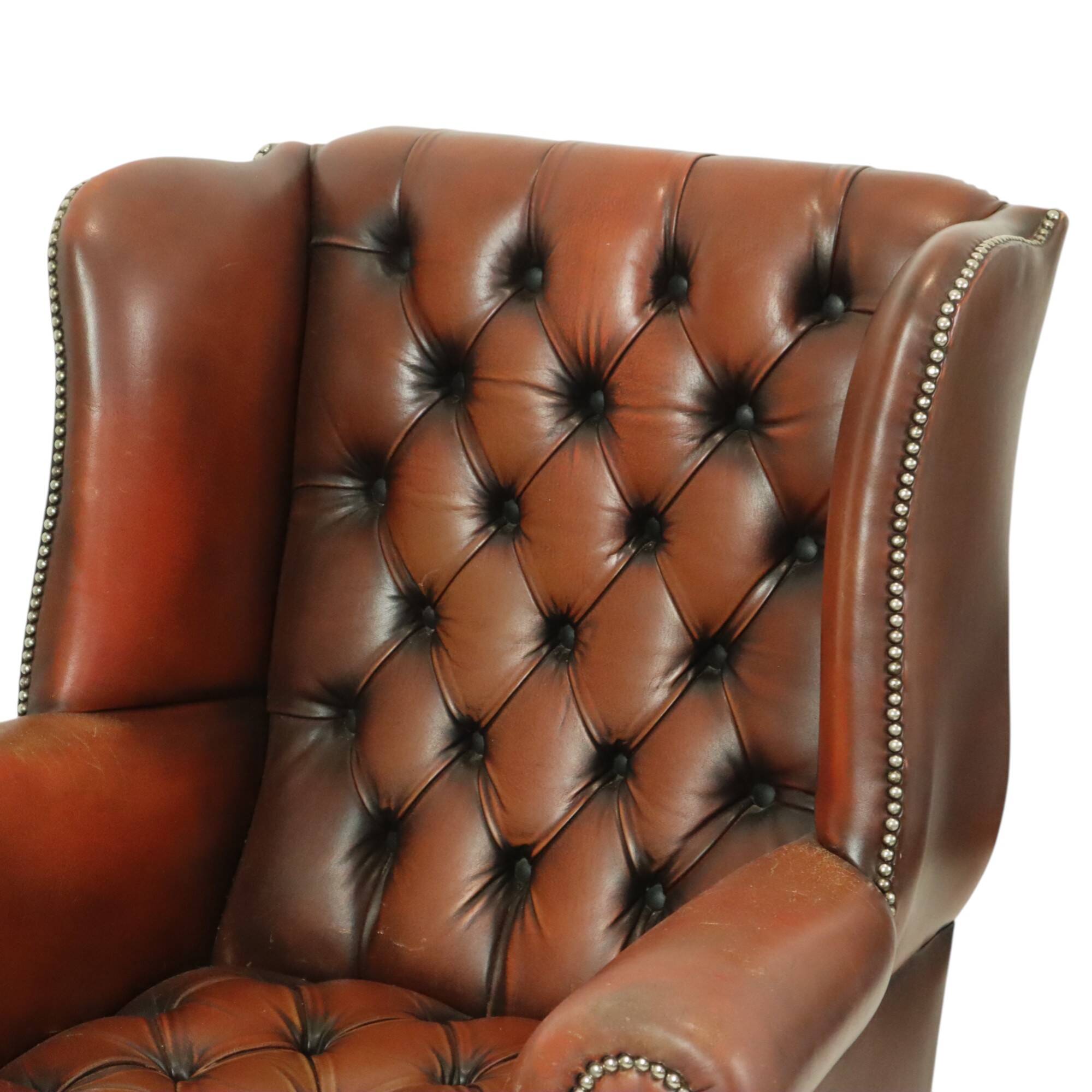 Antique Chesterfield armchair Brown leather wingback chair