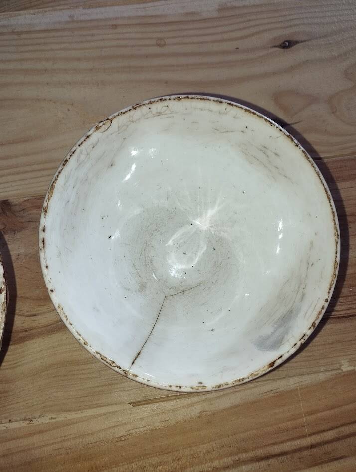 Bowls Faïencerie de Sarreguemines with rose decoration (the two red ones)