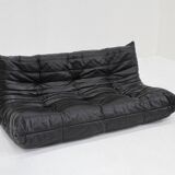 Vintage Togo Ligne Roset 3 seater sofa black leather by Michel Ducaroy 1990s