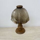 Vintage brutalist glass table lamp with solid oak wooden base , 1970s
