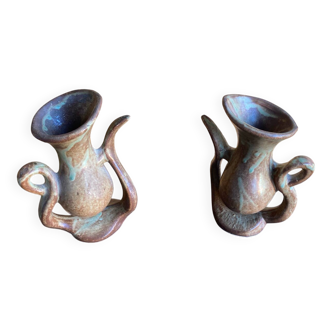 Pair of Beige Ceramic Soliflore Vases Vintage France #D889