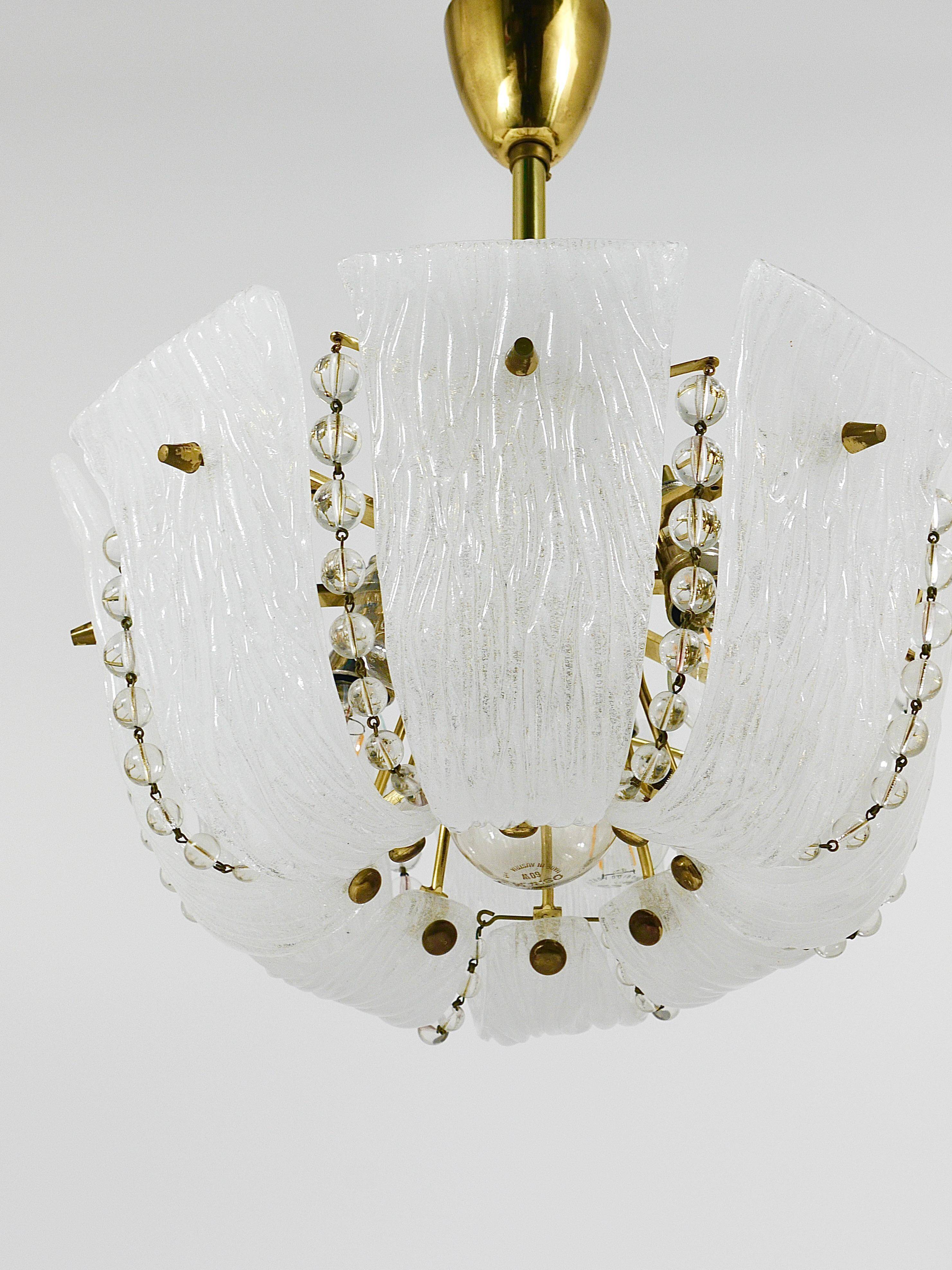 J.T. Kalmar Petite curved suspension basket, brass and glass, Austria, 1950s