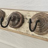 Antique teak coat rack with 3 wrought iron hooks