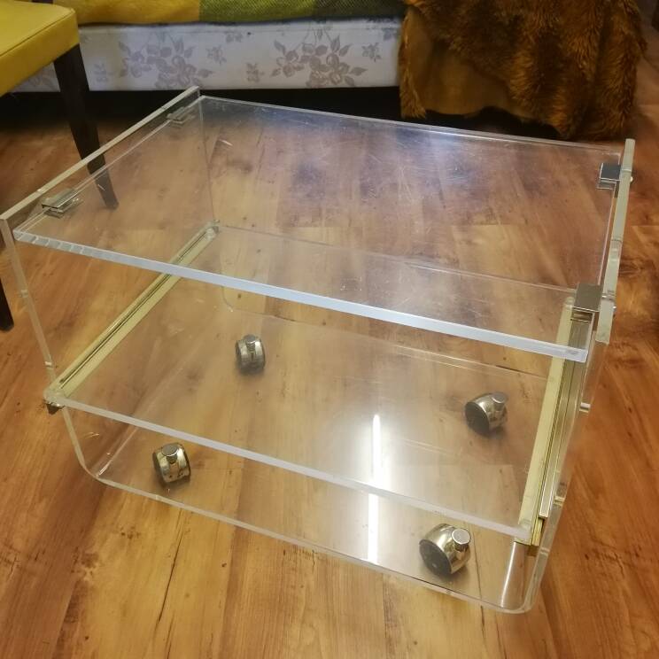 David Lange designer coffee table, plexiglass and gold metal, sliding top