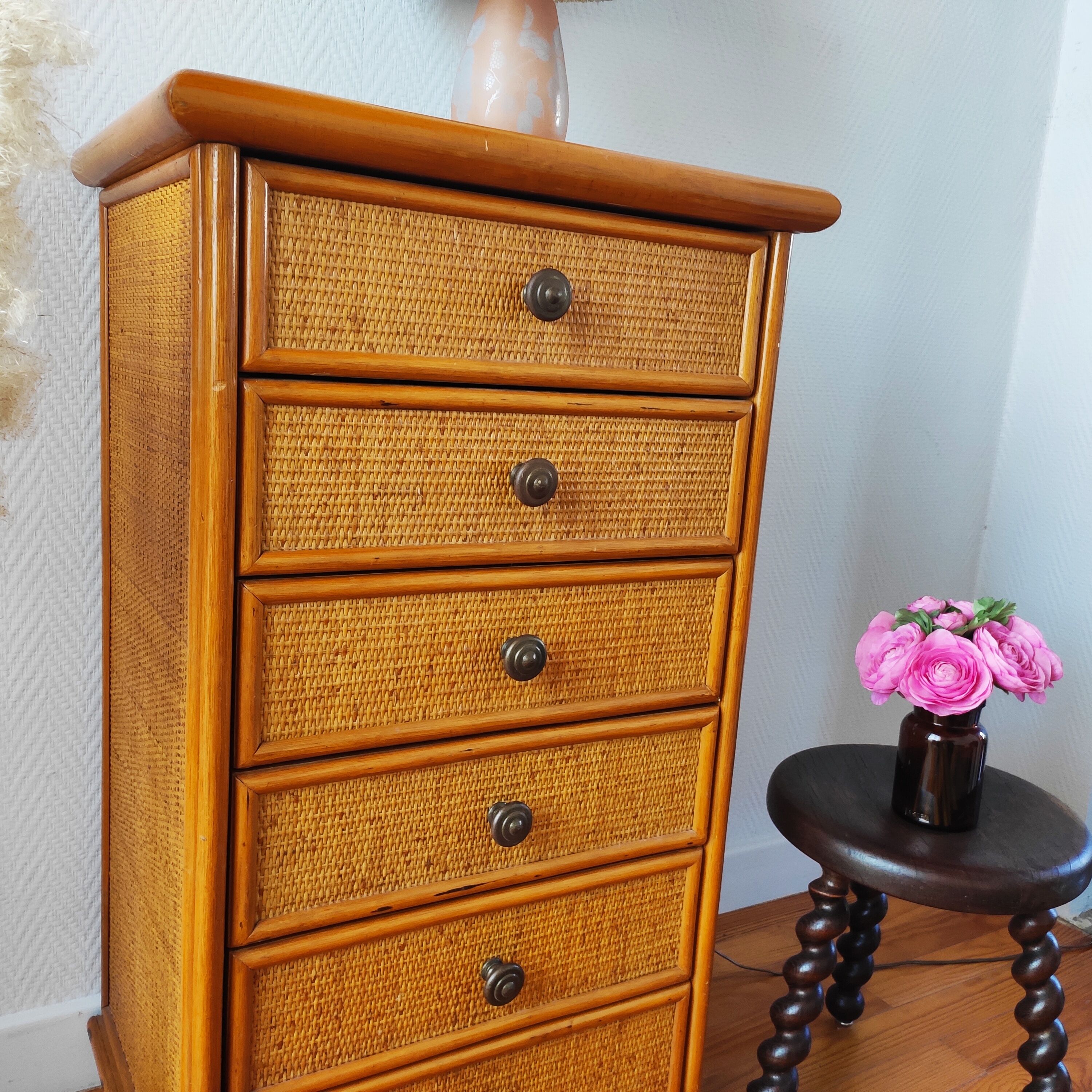 Vintage rattan rag chest of drawers