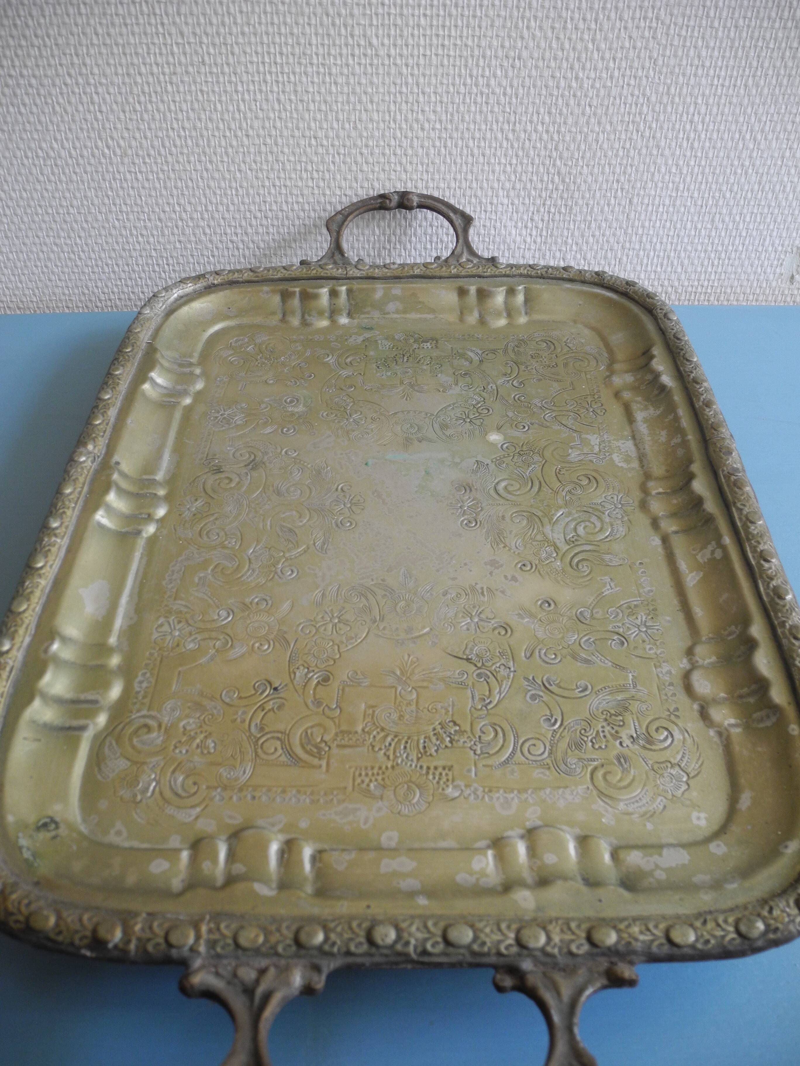 Ancien plateau thé métal argenté doré gilded silver-plated metal tea tray