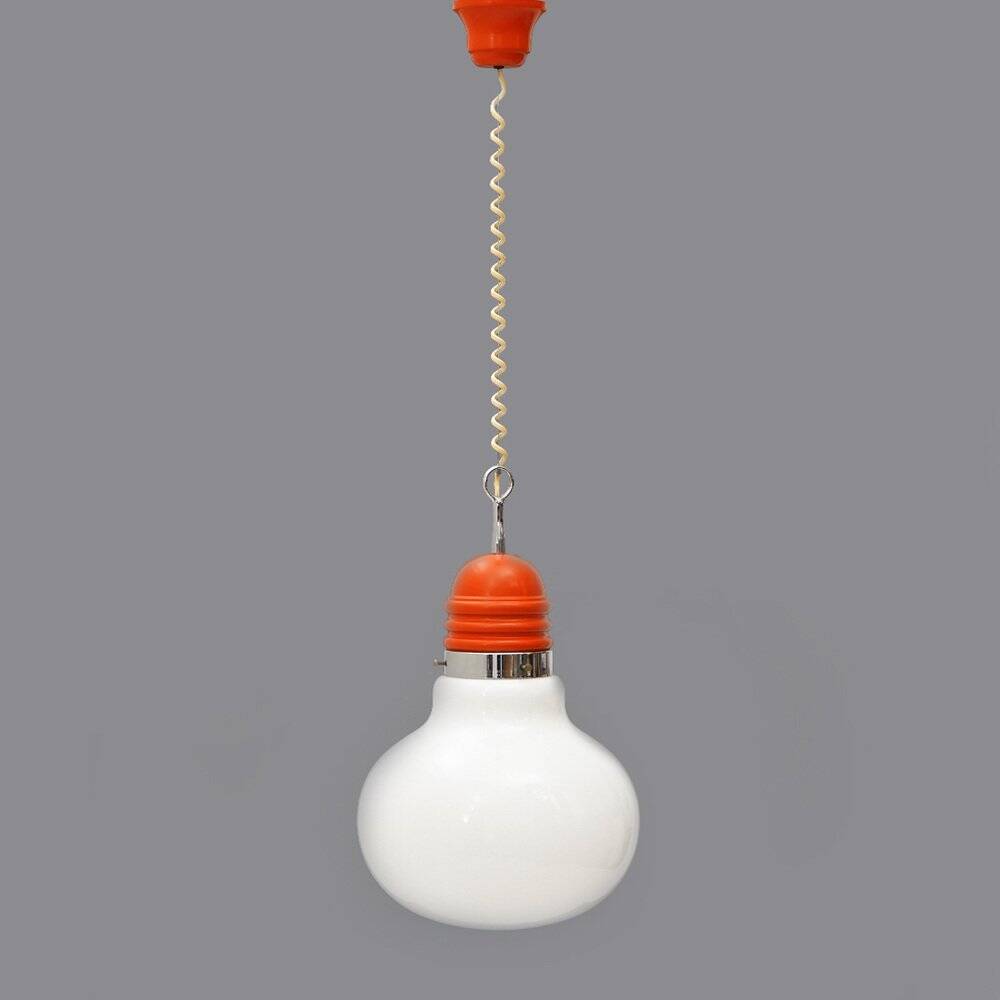 Suspended chandelier in the shape of a white glass bulb, 1970s.