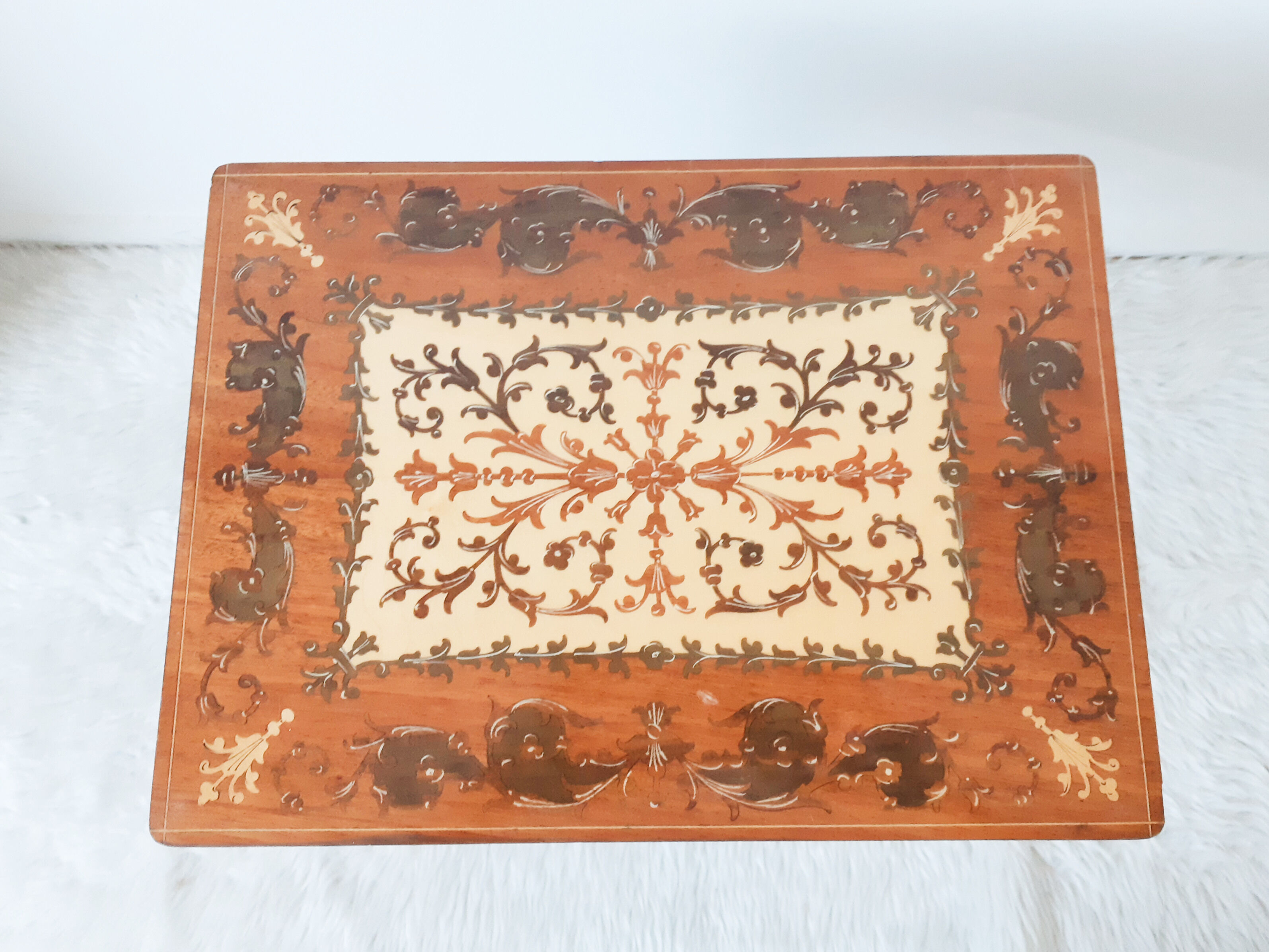 Stella chime, music box table, jewelry box, wood marquetry, side table, bedside table