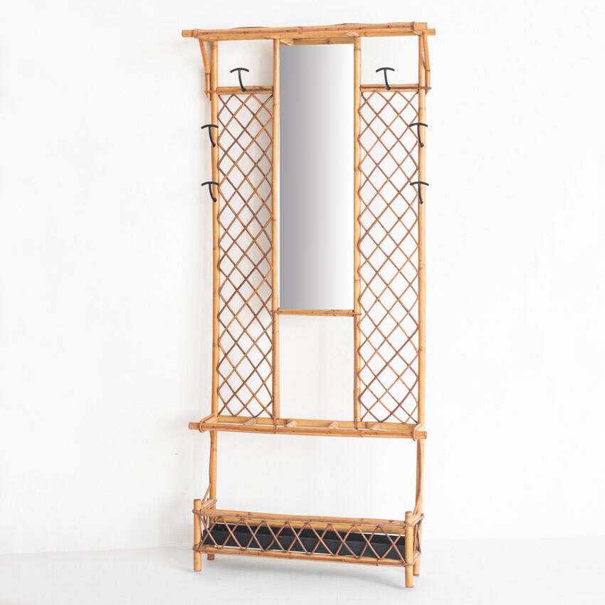 Vintage hall coat rack with mirror. Cane and metal. France, 1960s