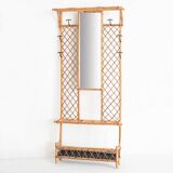 Vintage hall coat rack with mirror. Cane and metal. France, 1960s