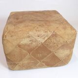 Vintage leather pouf - natural leather - natural patina - hand-sewn - square - 1970s
