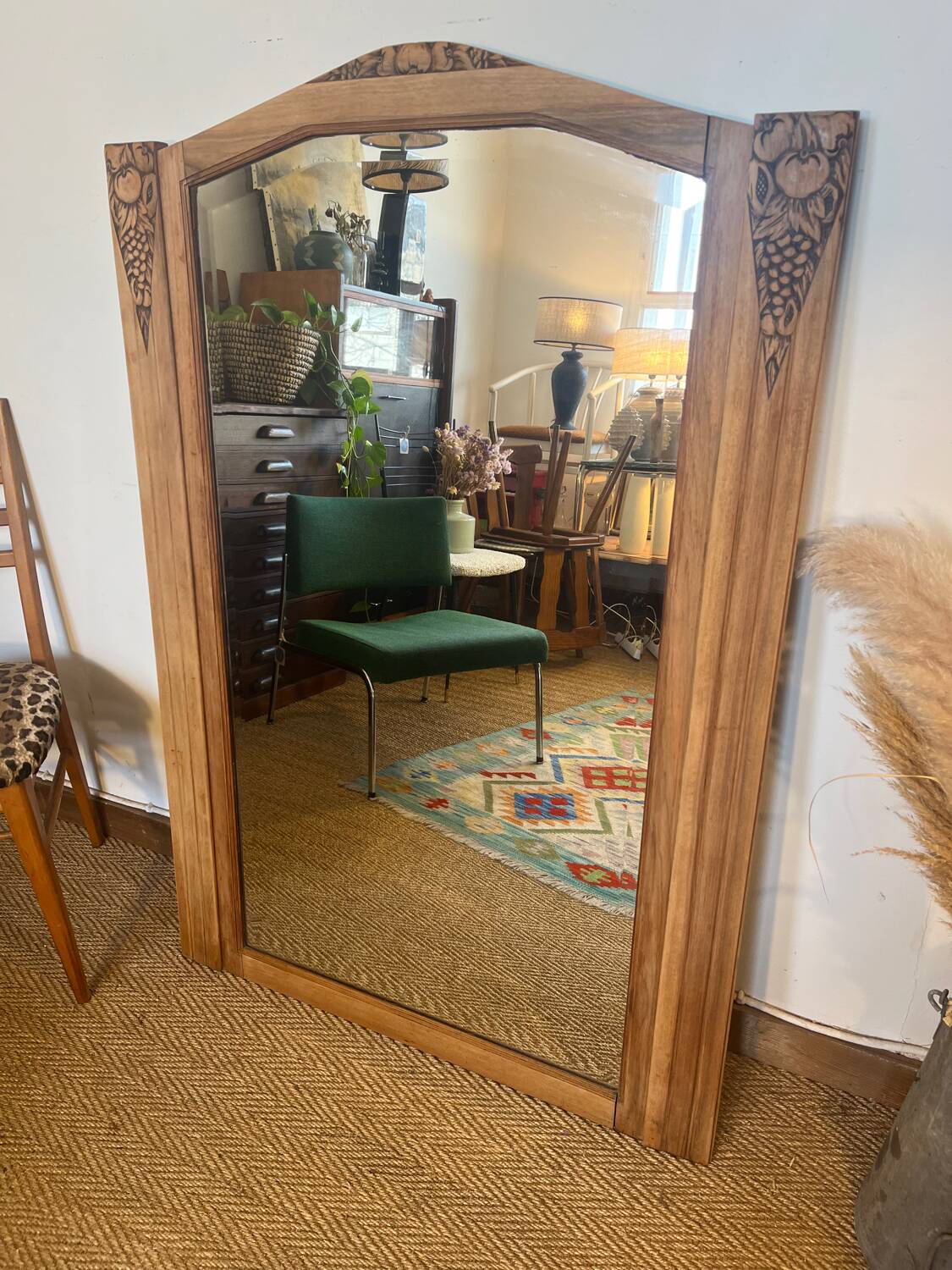 Large old art deco mirror in wood and beveled glass