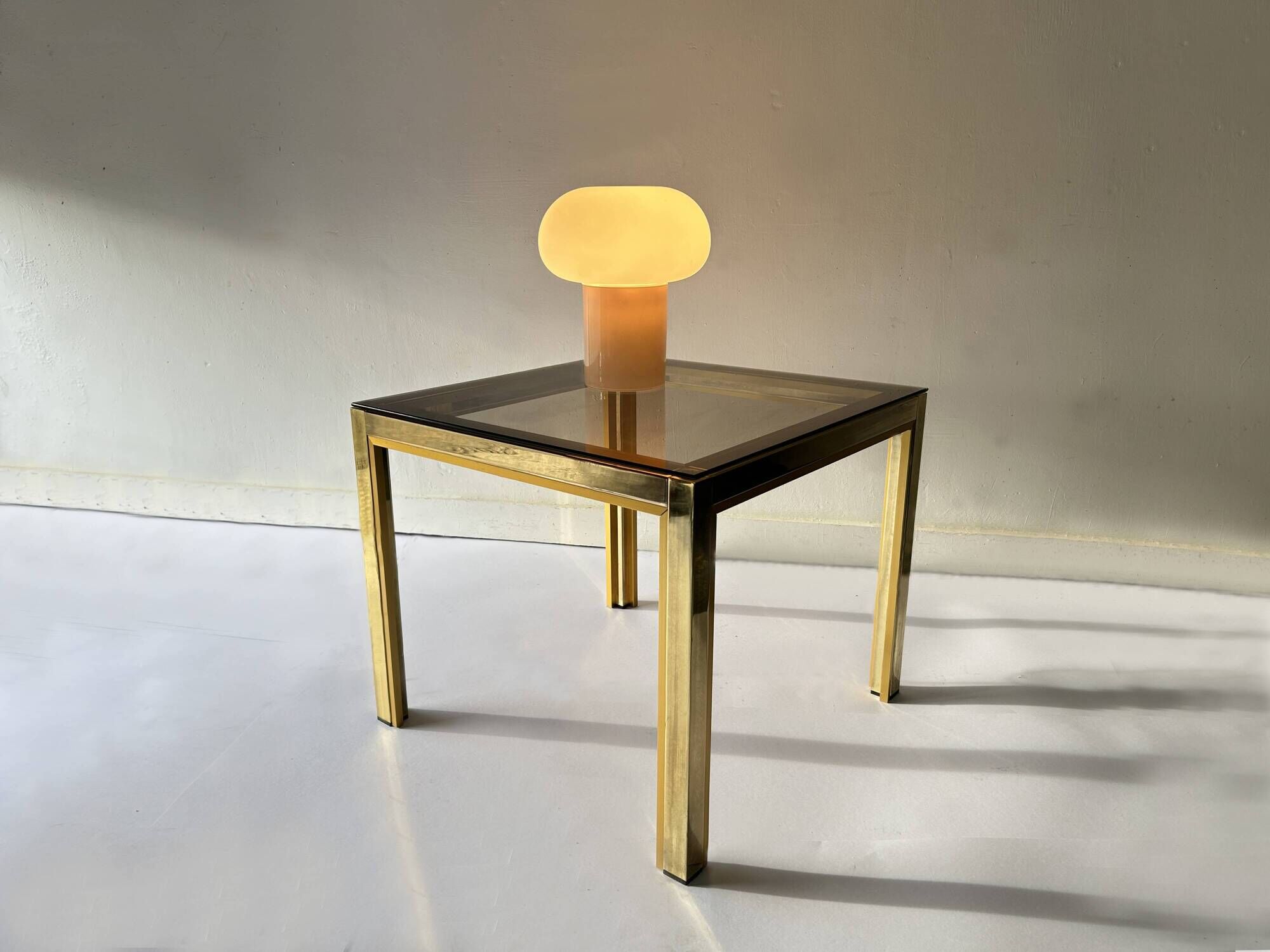Vintage 1970s Brass Smoked Glass Side Table, Hollywood Regency, Renato Zevi