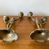 Paire ancien bougeoir double chérubin métal doré