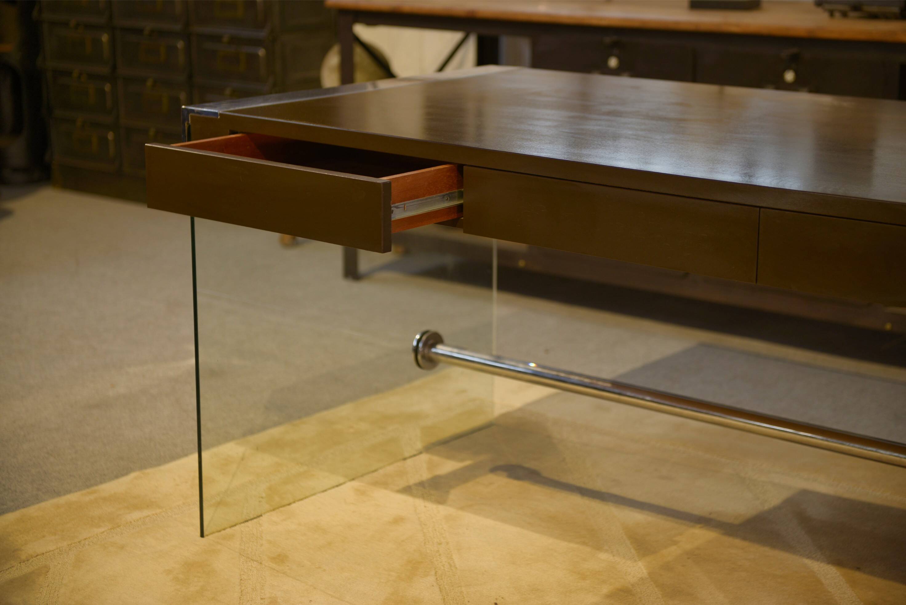 Desk design in melamine, glass and chrome 1980s