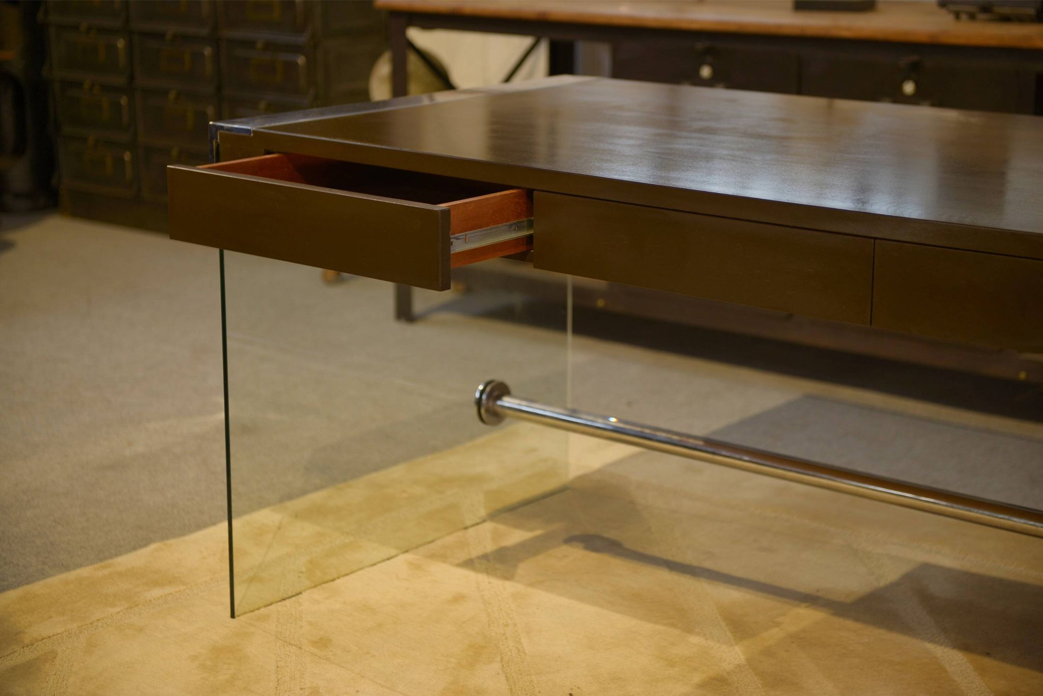 Desk design in melamine, glass and chrome 1980s