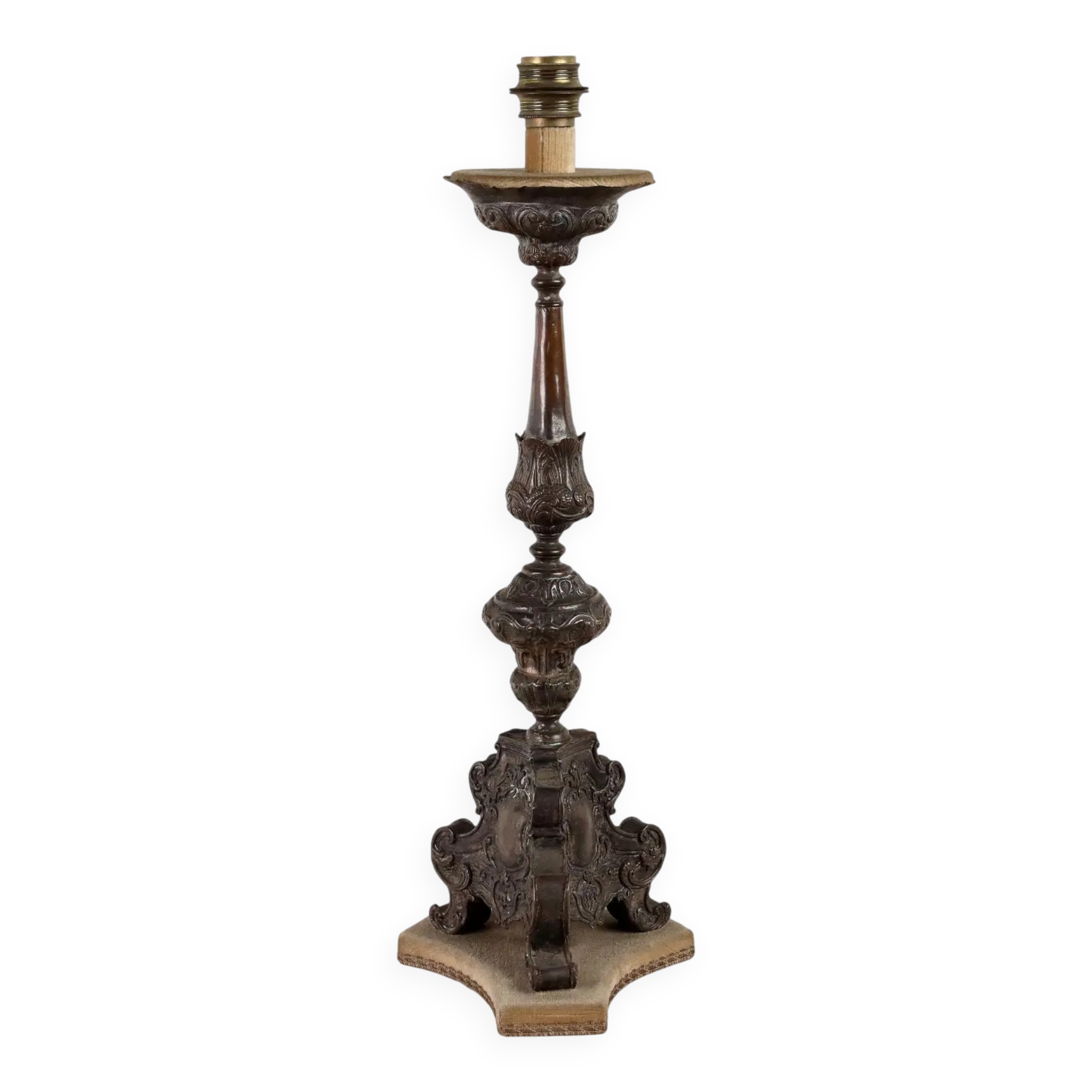 Antique candelabrum converted into a lamp, 18th-19th century.
