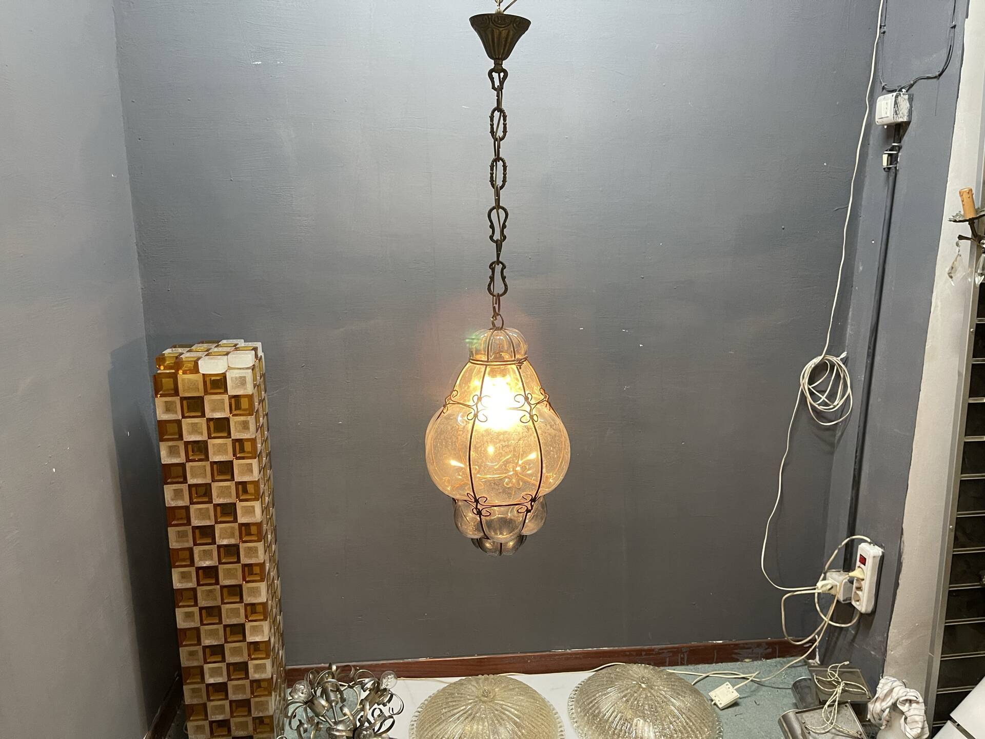 Wrought Iron Tinted Blue Murano Glass Light Pendant 1960’s