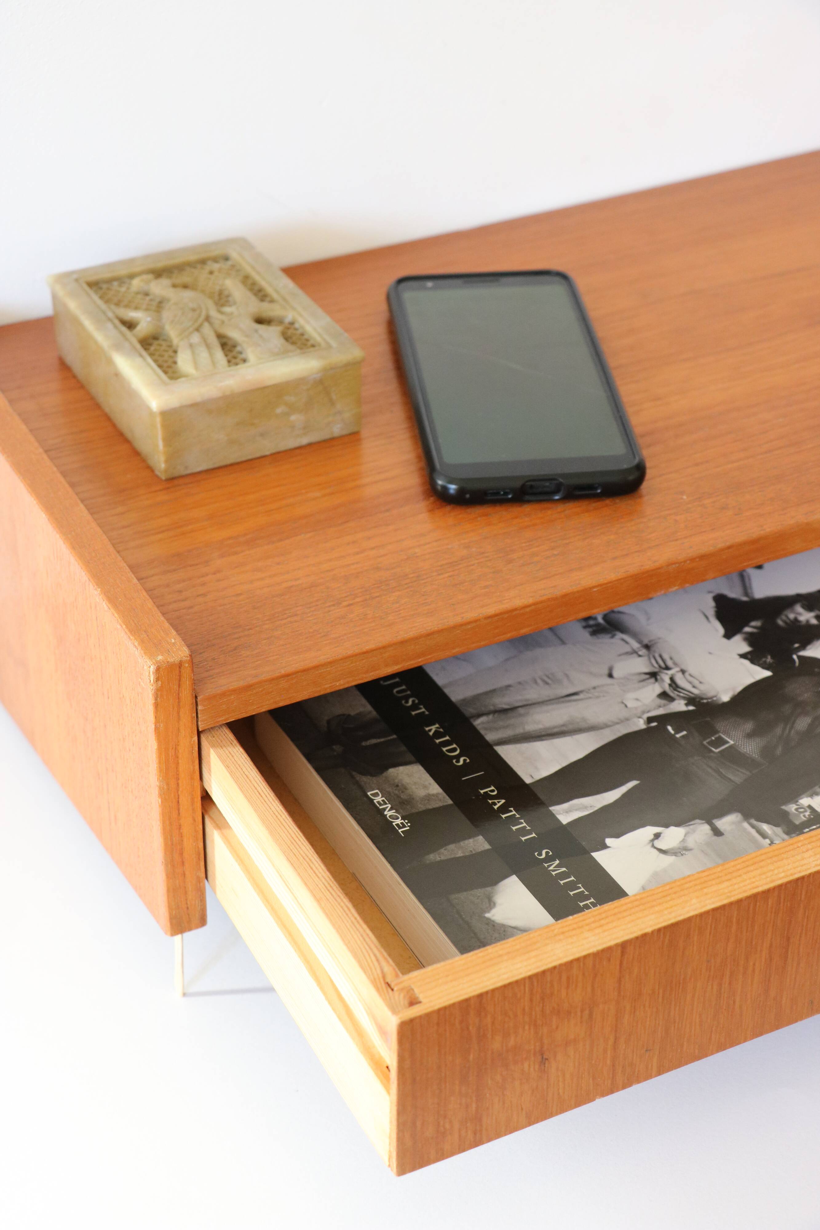 Wall shelf, Scandinavian teak wall bedside table, 1960